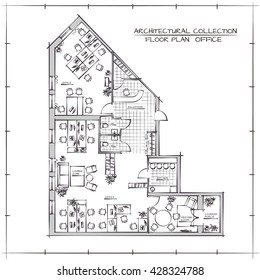 Architectural Handdrawn Floor Plan Of Office Workspace