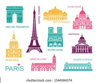 Architectural and historical sights of Paris. Set of color high quality icons