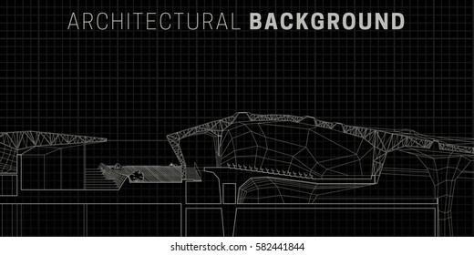 Architectural horizontal background. Engineering line drawing on black background.