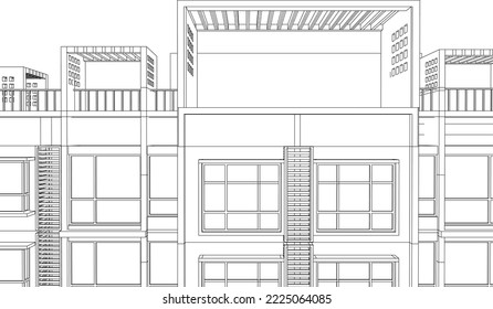 Architectural hotel apartment building façade 3D Line drawing illustration vector 