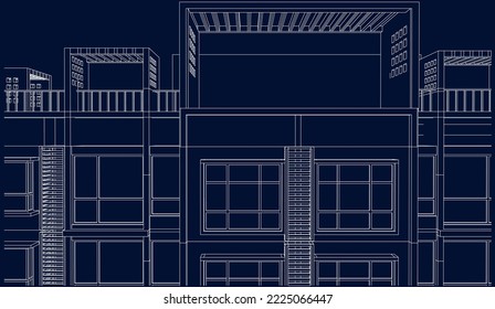 Architectural hotel apartment building façade 3D Line drawing illustration vector 