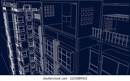 Architectural hotel apartment building façade with balcony perspective 3D Line sketch illustration vector blueprint