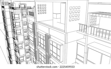 Architectural hotel apartment building façade with balcony perspective 3D Line sketch illustration vector