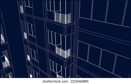 Architectural hotel apartment building façade closeup perspective 3d Line drawing sketch illustration vector eps10 blueprint