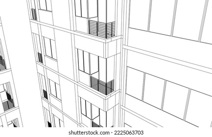 Architectural hotel apartment building façade closeup perspective 3d Line drawing sketch illustration vector eps10