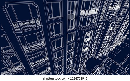 Architectural Hotel apartment building façade entrance perspective 3D Line illustration drawing vector eps10 blueprint