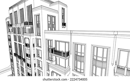 Architectural Hotel apartment building façade entrance perspective 3D Line illustration vector