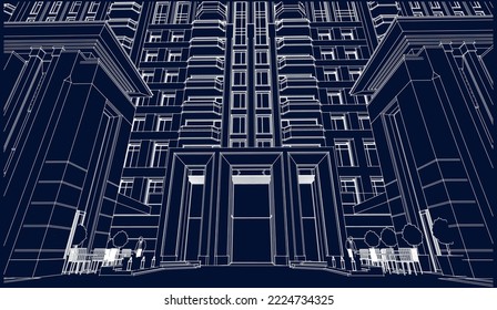 Architectural Hotel apartment building façade entrance perspective 3D illustration Line drawing vector eps10 blueprint