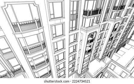 Architectural Hotel apartment building façade entrance perspective 3D Line illustration drawing vector eps10