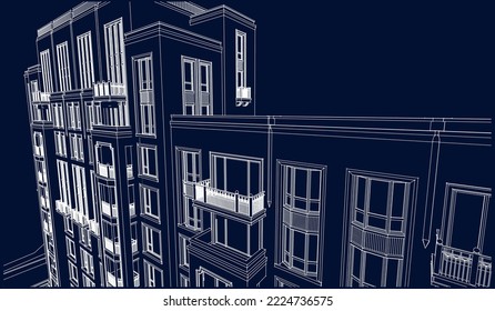 Architectural Hotel apartment building façade entrance perspective 3D Line illustration vector blueprint