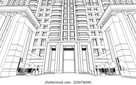 Architectural Hotel apartment building façade entrance perspective 3D illustration Line drawing vector eps10