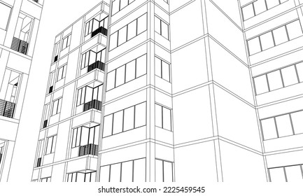 Architectural hotel apartment building façade perspective 3D Line drawing sketch illustration