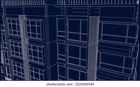 Architectural hotel apartment building façade perspective Line drawing sketch 3d illustration vector blueprint