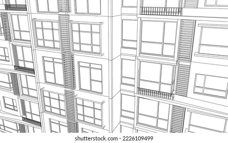 Architectural hotel apartment building façade perspective 3D Line sketch illustration eps10