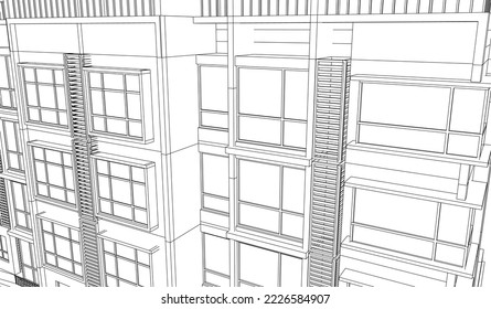 Architectural hotel apartment building façade perspective Line drawing sketch 3d illustration vector