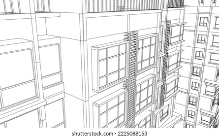 Architectural hotel apartment building façade windows perspective 3D Line drawing illustration vector