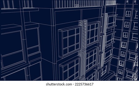 Architectural hotel apartment building façade windows perspective 3D Line drawing illustration vector blueprint