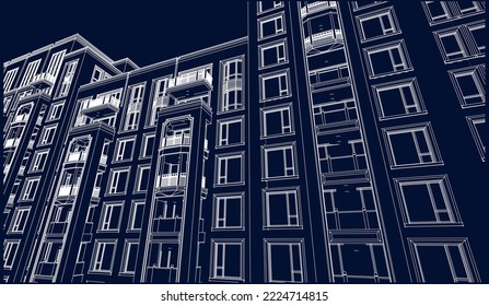 Architectural Hotel apartment perspective façade 3D Line illustration vector eps10