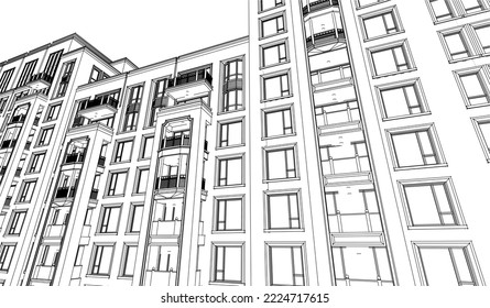 Architectural Hotel apartment perspective façade 3D Line illustration vector eps10