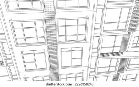 Architectural hotel apartment façade perspective 3D Line drawing illustration vector eps10