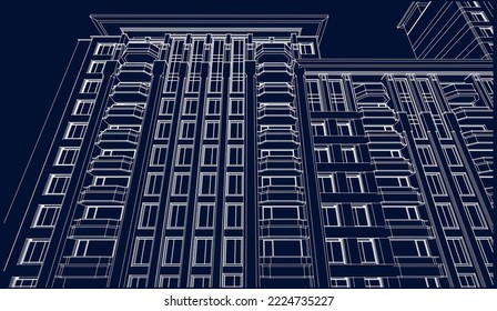 Architectural Hotel building façade perspective 3D illustration drawing vector blueprint