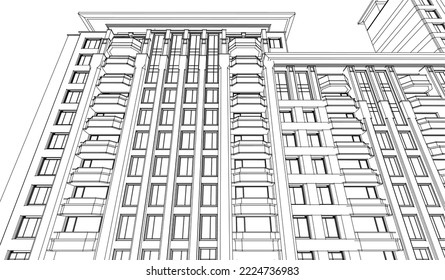 Architectural Hotel building façade perspective 3D illustration drawing vector