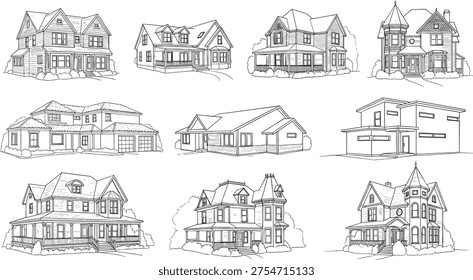 Architectural house design vector illustration, diverse residential building styles, Victorian modern minimalist line drawings, gabled roof dormer porch silhouette artwork collection