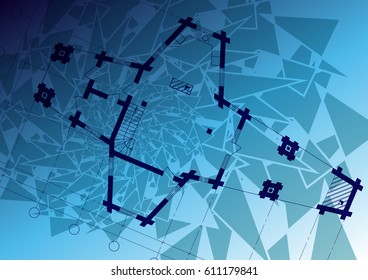 Architectural house plan on a blue background with triangles. Vector illustration