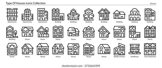 Architectural housing icon collection featuring different house styles, buildings, residential structures, and home types.