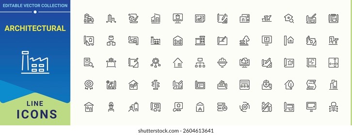 Architectural icon collection. Contain linear symbols plan, drawing, home, architecture, blueprint, design, engineering and more. Set of line pictogram. Engineer icon set. Editable vector.