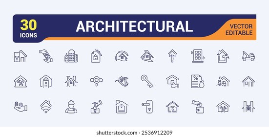 Colección de iconos arquitectónicos. Incluye iconos para el desarrollo, arquitecto, interior, construcción, constructor, interior, desarrollar, bosquejo. Perfecto para logotipos e infografías. Trazo editable.