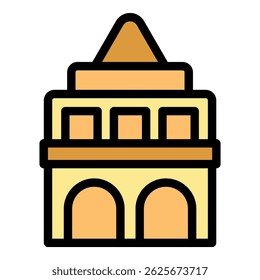 Ícone arquitetônico com um edifício histórico com entradas arqueadas e um telhado pontiagudo, evocando estilos arquitetônicos antigos