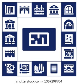 architectural icon set. 17 filled architectural icons.  Simple modern icons about  - Architecture, Courthouse, Blueprint, Bridge, Door, Planning, Plan, Columns, Window