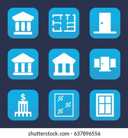 Architectural icon. set of 9 filled architectural icons such as window, bank, plan