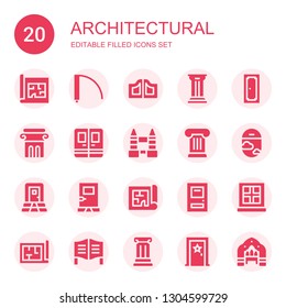 architectural icon set. Collection of 20 filled architectural icons included Blueprint, Door, Doors, Column, Tower bridge, Window, Architecture, Arch