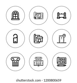 Architectural icon set. collection of 9 outline architectural icons with column, blueprint, door, doorknob, roman law, tower bridge icons. editable icons.