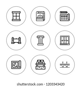 Architectural icon set. collection of 9 outline architectural icons with bridge, column, blueprint, tower bridge icons. editable icons.