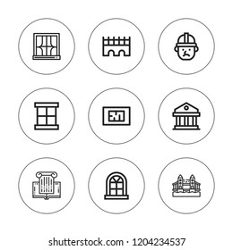 Architectural icon set. collection of 9 outline architectural icons with architect, bridge, blueprint, courthouse, roman law, tower bridge icons. editable icons.