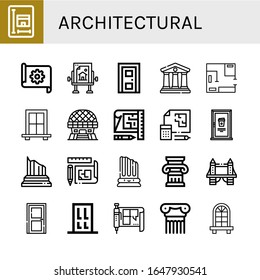 Architectural Icon Set. Collection Of Blueprint, Drawing Table, Door, Courthouse, Window, Modern Architecture, Column, Tower Bridge Icons