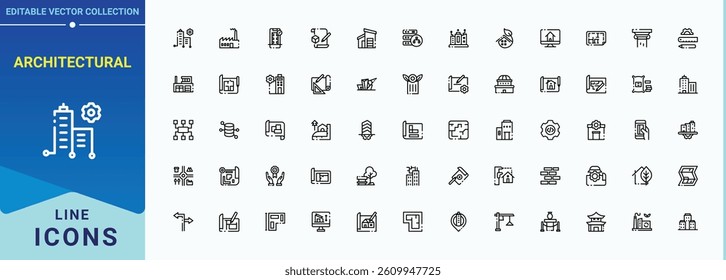 Architectural icon set. Featuring blueprint, house, architect, drawing, architecture, project, design and more. Outline icons collection. Engineer related icon set. Editable vector. Pixel perfect.