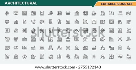 Architectural icon set in linear style. Drawing icon set. Pictograms of drawing, engineer, measurement, engineering, blueprint, project. Vector illustration.