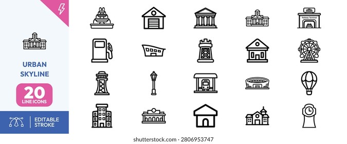 Architectural icons featuring grand classical columns, railway terminals, historic government buildings, grand clock towers, stadiums, and observation wheels for city planning and urban development.