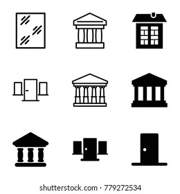 Architectural icons. set of 9 editable filled and outline architectural icons such as bank, court building, door, court