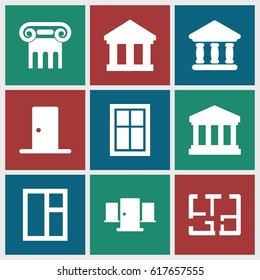 Architectural icons set. set of 9 architectural filled icons such as Greek column, window, bank, court building, plan
