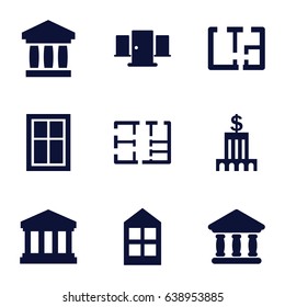 Architectural icons set. set of 9 architectural filled icons such as window, bank, court building, plan
