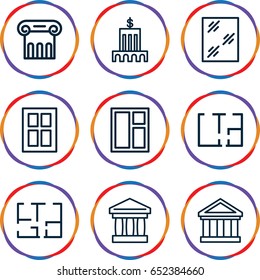 Architectural icons set. set of 9 architectural outline icons such as greek column, window, plan