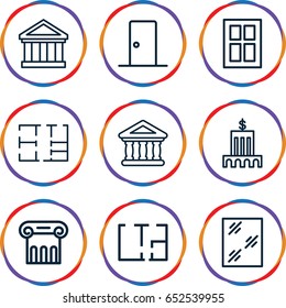 Architectural icons set. set of 9 architectural outline icons such as greek column, window, bank, plan