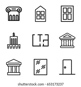 Architectural icons set. set of 9 architectural outline icons such as greek column, window, bank, plan