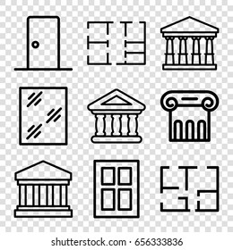 Architectural icons set. set of 9 architectural outline icons such as court, greek column, window, bank, court building, plan