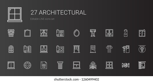 architectural icons set. Collection of architectural with window, chair and table, column, blueprint, door, doors, architecture, windows. Editable and scalable architectural icons.